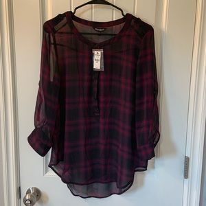 Express Sheer Plaid Print Blouse